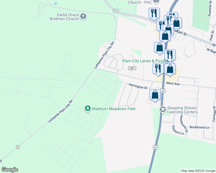 map of restaurants, bars, coffee shops, grocery stores, and more near 1010 Weather Vane Way in Plain City