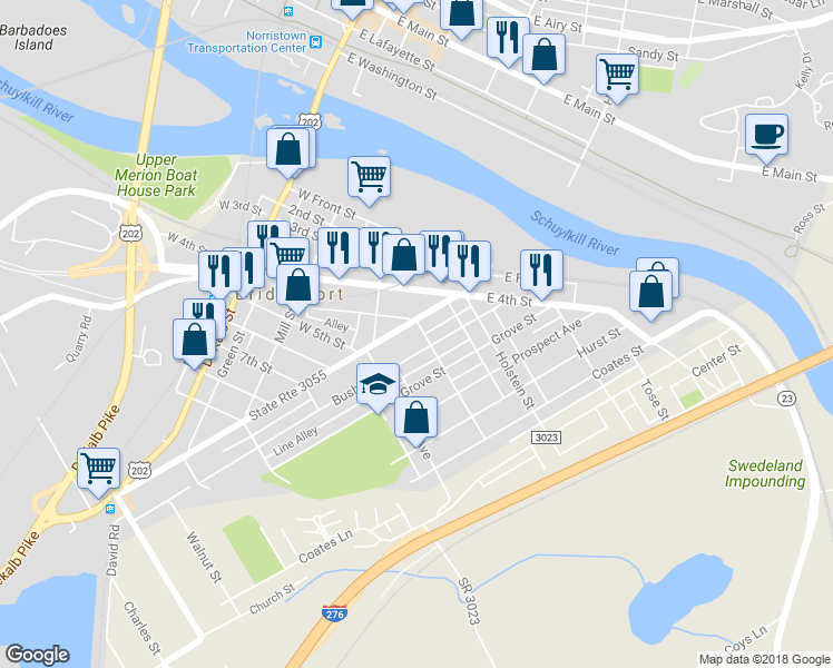 map of restaurants, bars, coffee shops, grocery stores, and more near 64 East Rambo Street in Bridgeport