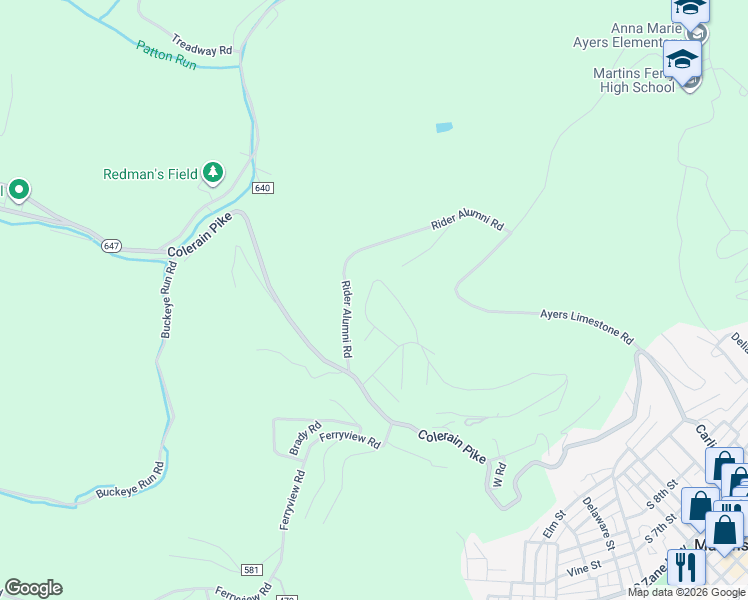 map of restaurants, bars, coffee shops, grocery stores, and more near 24 Sunset Drive in Martins Ferry