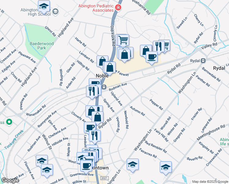 map of restaurants, bars, coffee shops, grocery stores, and more near 1619 Upland Avenue in Jenkintown