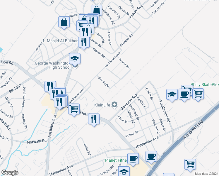 map of restaurants, bars, coffee shops, grocery stores, and more near 1193 Serota Place in Philadelphia