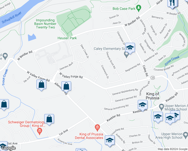 map of restaurants, bars, coffee shops, grocery stores, and more near 600 West Valley Forge Road in King of Prussia