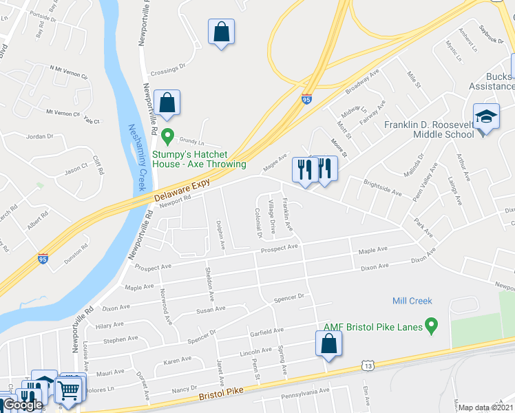 map of restaurants, bars, coffee shops, grocery stores, and more near 1974 Colonial Drive in Croydon