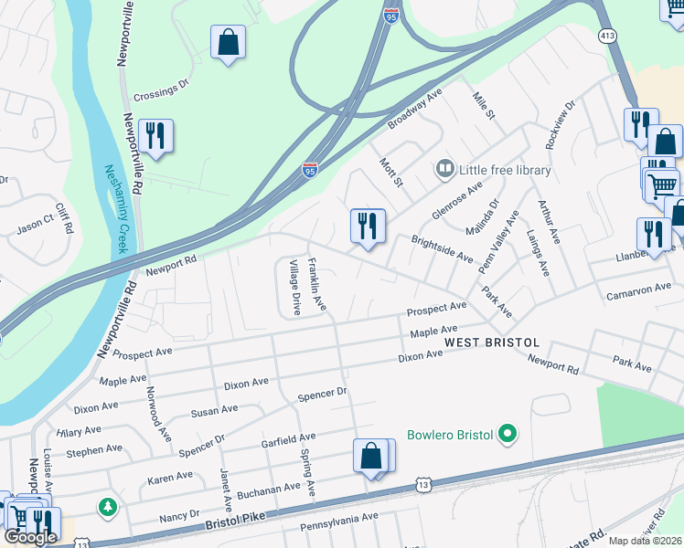 map of restaurants, bars, coffee shops, grocery stores, and more near 2123 Heritage Court in Croydon