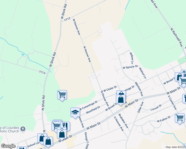 map of restaurants, bars, coffee shops, grocery stores, and more near 323 North Hoover Avenue in New Holland