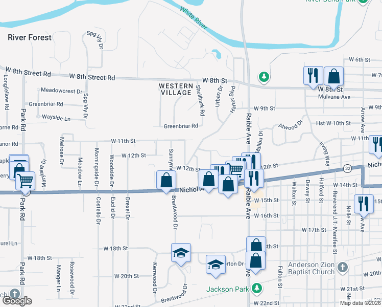 map of restaurants, bars, coffee shops, grocery stores, and more near 1137 Harter Boulevard in Anderson