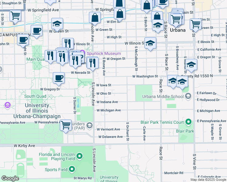 map of restaurants, bars, coffee shops, grocery stores, and more near 706 West Ohio Street in Urbana