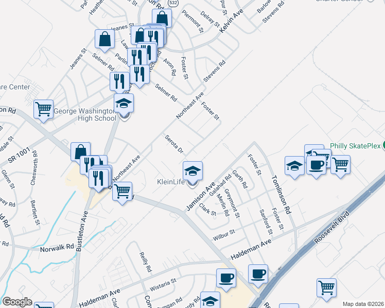 map of restaurants, bars, coffee shops, grocery stores, and more near 1200 Friel Place in Philadelphia