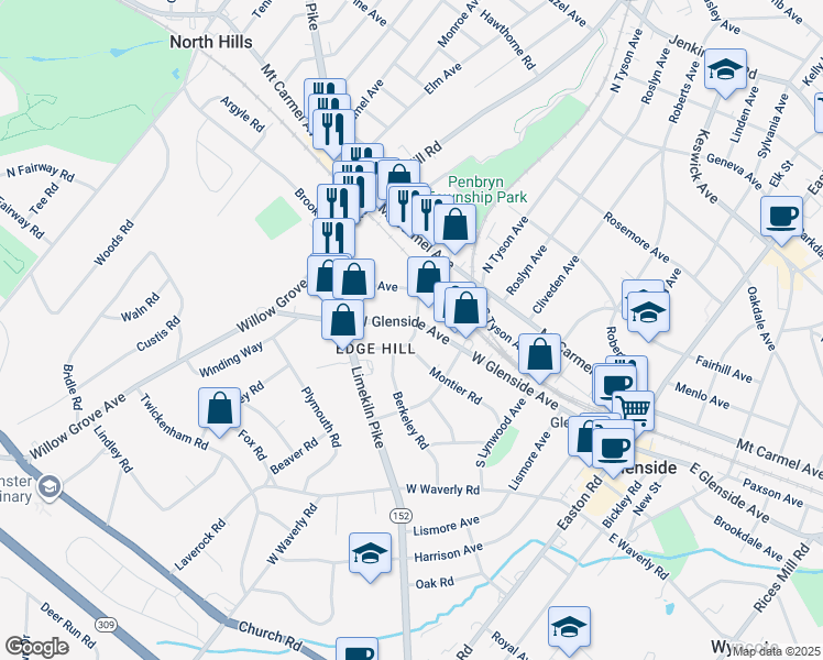 map of restaurants, bars, coffee shops, grocery stores, and more near 506 West Glenside Avenue in Glenside
