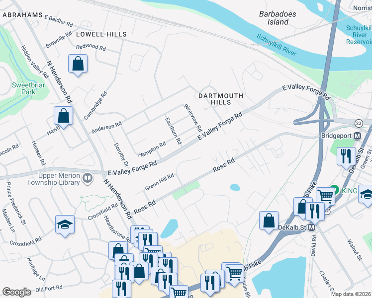 map of restaurants, bars, coffee shops, grocery stores, and more near 237 East Valley Creek Road in Plymouth Meeting