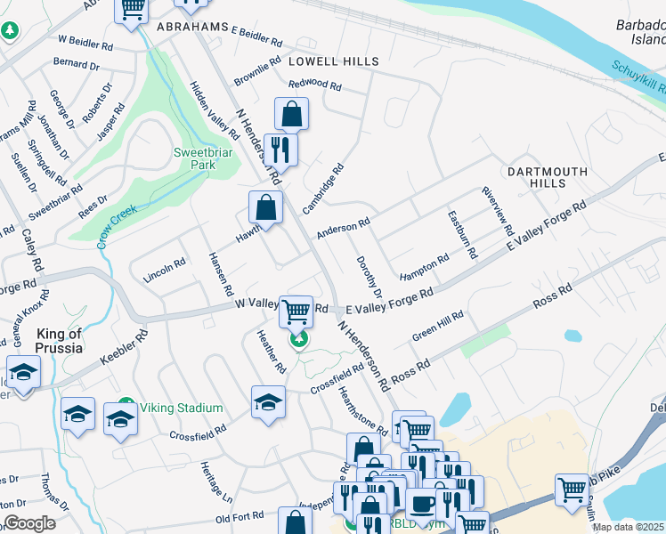 map of restaurants, bars, coffee shops, grocery stores, and more near 462 Stacy Drive in King of Prussia
