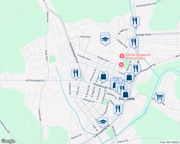 map of restaurants, bars, coffee shops, grocery stores, and more near 48 North Grove Street in Scottdale