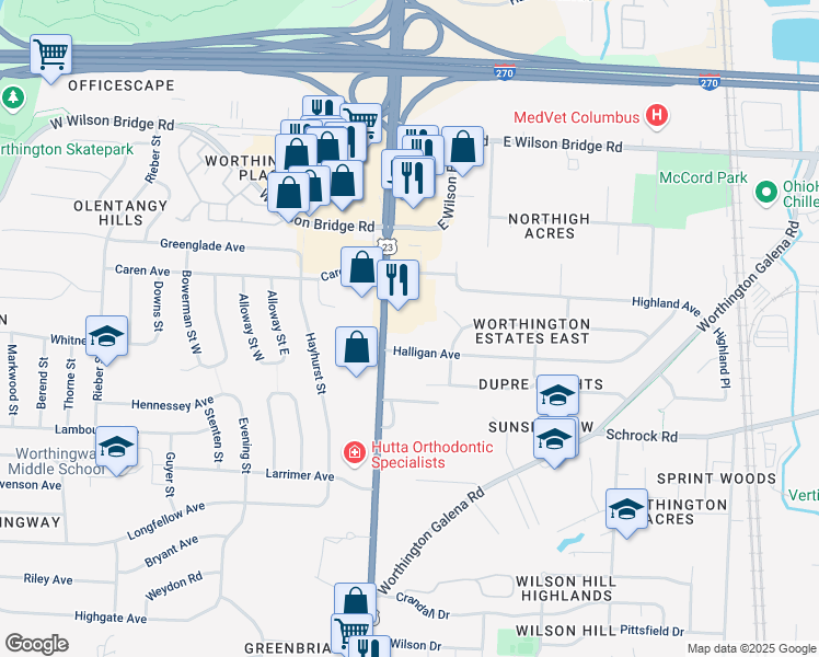 map of restaurants, bars, coffee shops, grocery stores, and more near 6830 High Street in Worthington