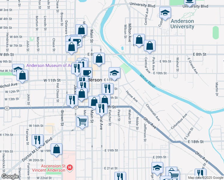 map of restaurants, bars, coffee shops, grocery stores, and more near 319 East 12th Street in Anderson