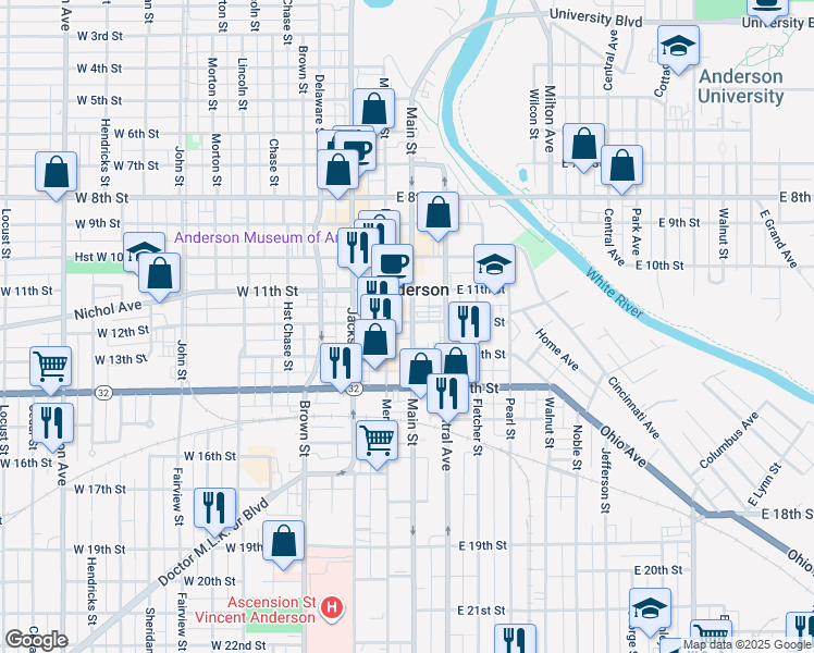 map of restaurants, bars, coffee shops, grocery stores, and more near 1203 Main St in Anderson