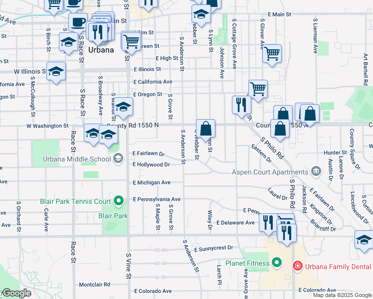 map of restaurants, bars, coffee shops, grocery stores, and more near 1008 South Anderson Street in Urbana
