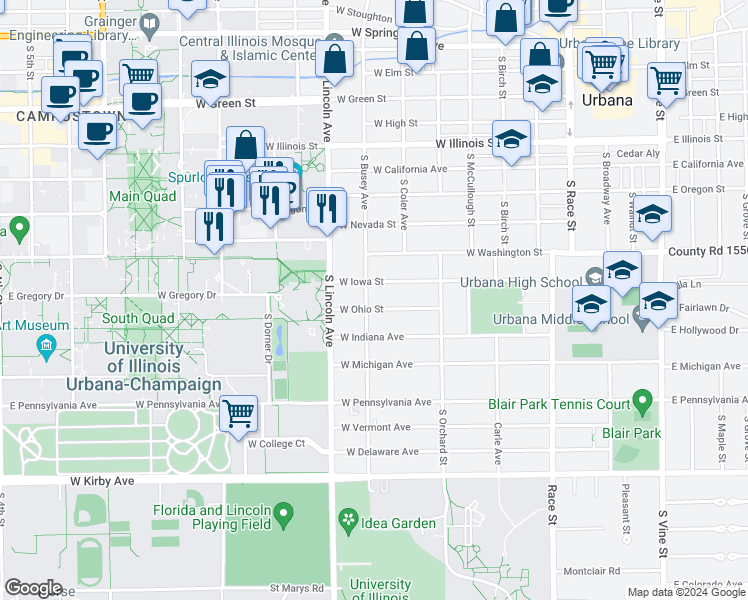 map of restaurants, bars, coffee shops, grocery stores, and more near 1007 South Busey Avenue in Urbana