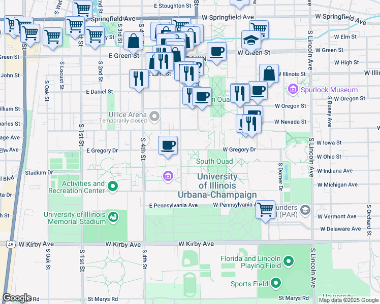 map of restaurants, bars, coffee shops, grocery stores, and more near in Champaign