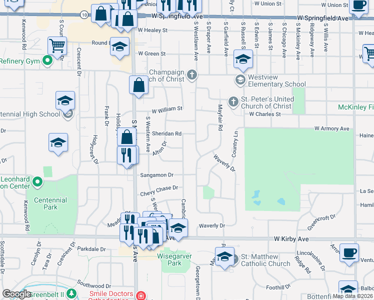 map of restaurants, bars, coffee shops, grocery stores, and more near 1202 Cambridge Drive in Champaign