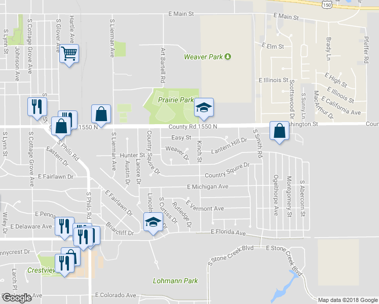 map of restaurants, bars, coffee shops, grocery stores, and more near 7 Weaver Place in Urbana