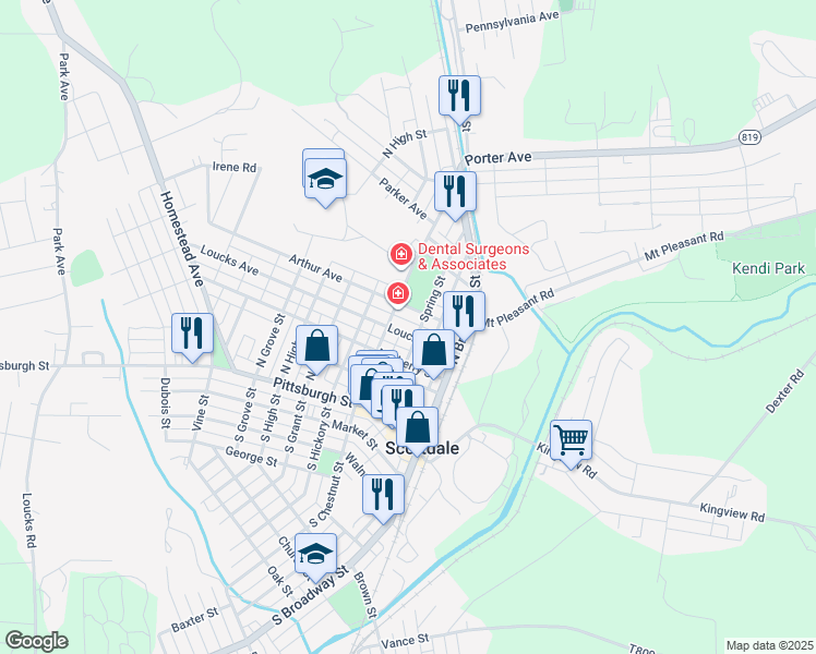 map of restaurants, bars, coffee shops, grocery stores, and more near 300 Loucks Avenue in Scottdale
