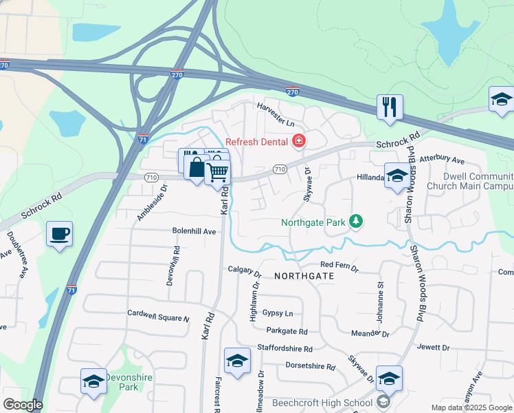 map of restaurants, bars, coffee shops, grocery stores, and more near 6680 Concourse Drive in Columbus