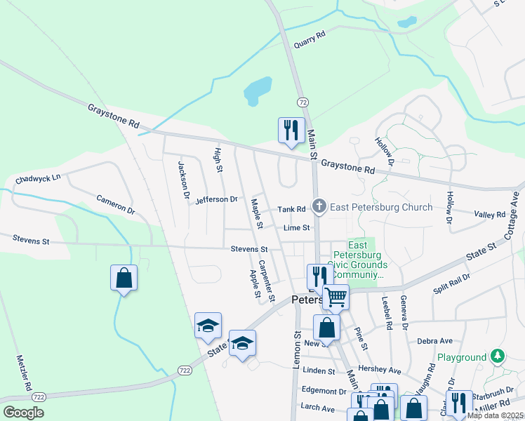 map of restaurants, bars, coffee shops, grocery stores, and more near 6320 Lemon Street in East Petersburg