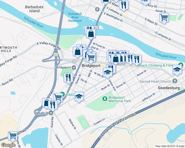 map of restaurants, bars, coffee shops, grocery stores, and more near 58 West 5th Street in Bridgeport