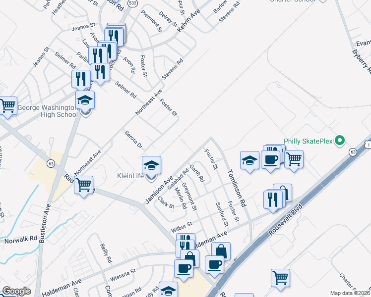 map of restaurants, bars, coffee shops, grocery stores, and more near 1722 Nathaniel Drive in Philadelphia