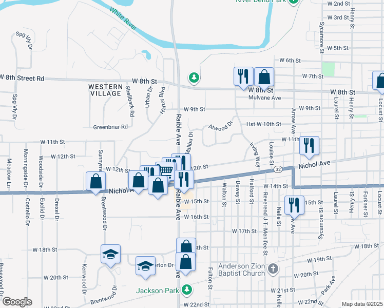 map of restaurants, bars, coffee shops, grocery stores, and more near 1120 Malibu Drive in Anderson