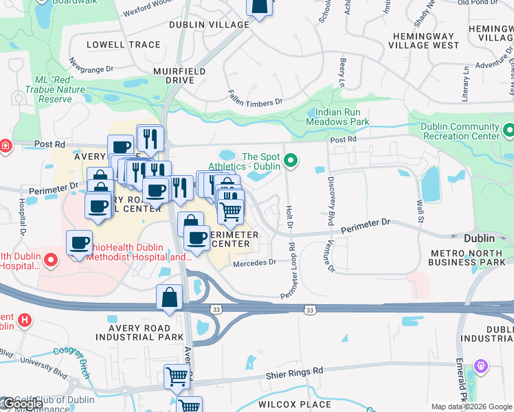 map of restaurants, bars, coffee shops, grocery stores, and more near Perimeter Dr & Craughwell Ln in Dublin