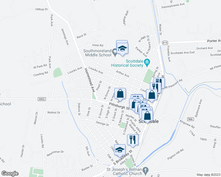 map of restaurants, bars, coffee shops, grocery stores, and more near 48 North Grove Street in Scottdale