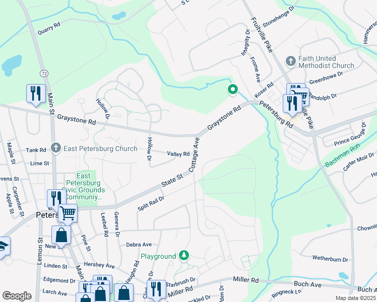 map of restaurants, bars, coffee shops, grocery stores, and more near 6328 Cottage Avenue in East Petersburg