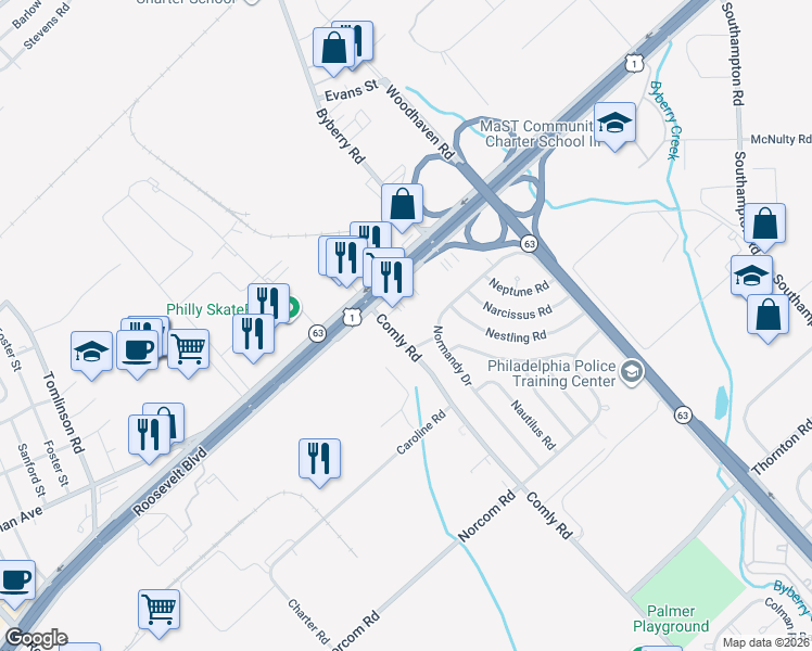 map of restaurants, bars, coffee shops, grocery stores, and more near 2747 Comly Road in Philadelphia
