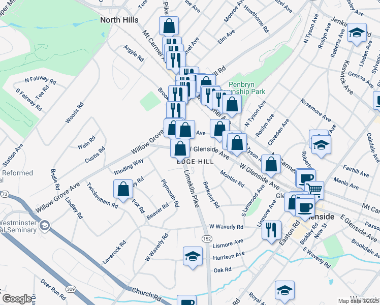 map of restaurants, bars, coffee shops, grocery stores, and more near 542 West Glenside Avenue in Glenside