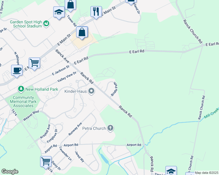 map of restaurants, bars, coffee shops, grocery stores, and more near 110 Bridle Path in New Holland