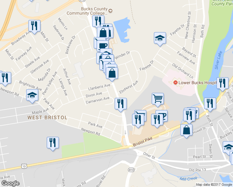 map of restaurants, bars, coffee shops, grocery stores, and more near 713 Veterans Highway in Bristol