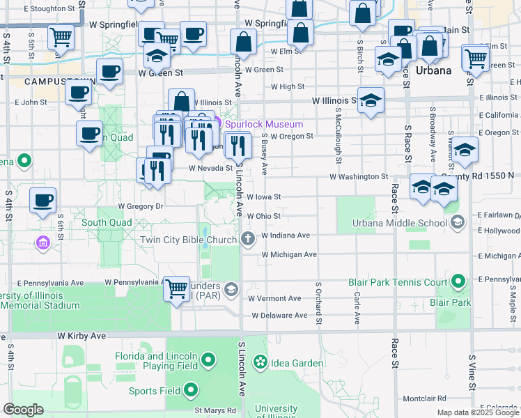 map of restaurants, bars, coffee shops, grocery stores, and more near 1007 South Busey Avenue in Urbana