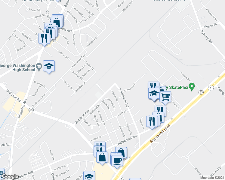 map of restaurants, bars, coffee shops, grocery stores, and more near 1751 Foster Street in Philadelphia