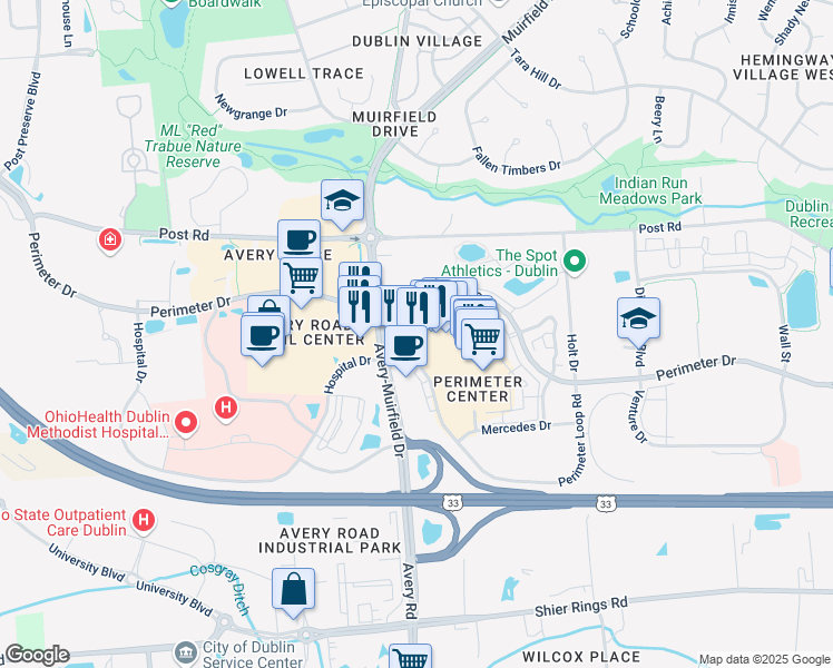 map of restaurants, bars, coffee shops, grocery stores, and more near 6810 Perimeter Loop Road in Dublin
