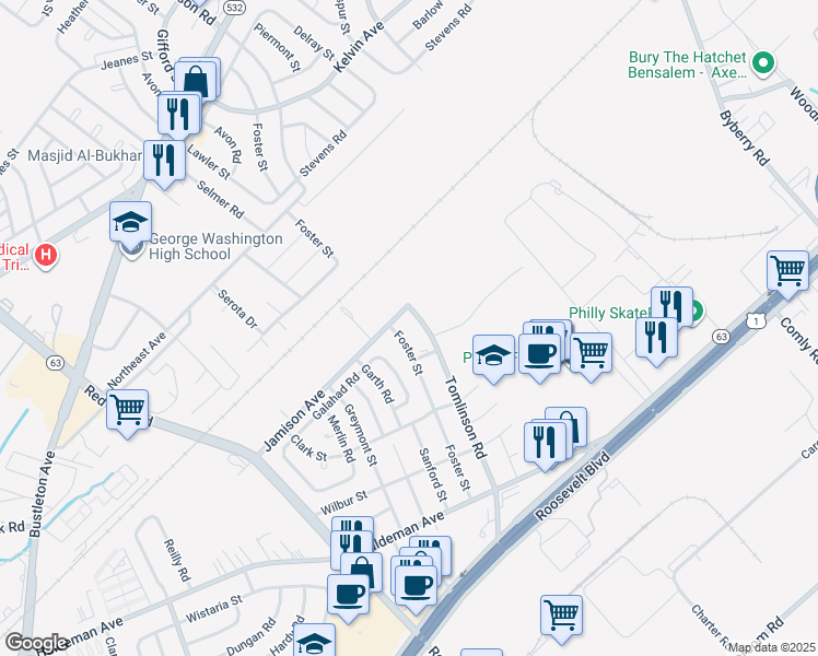 map of restaurants, bars, coffee shops, grocery stores, and more near 1760 Tomlinson Road in Philadelphia