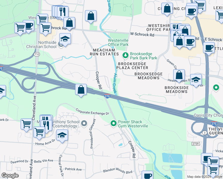 map of restaurants, bars, coffee shops, grocery stores, and more near 6524 Cooper Meadows Road in Westerville