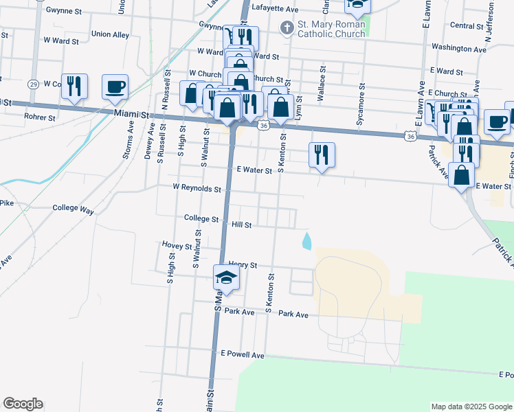 map of restaurants, bars, coffee shops, grocery stores, and more near 420 Buckeye St in Urbana