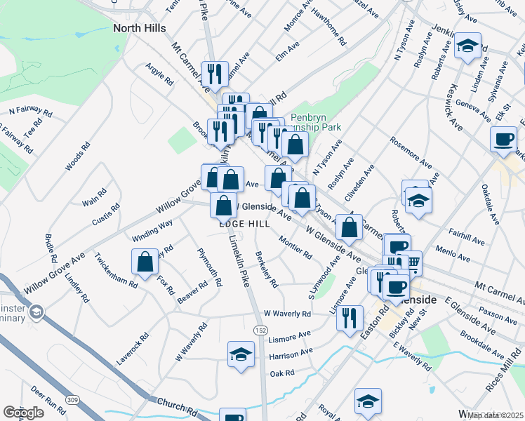 map of restaurants, bars, coffee shops, grocery stores, and more near 506 West Glenside Avenue in Glenside