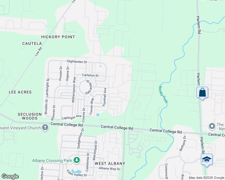 map of restaurants, bars, coffee shops, grocery stores, and more near 6227 Upper Albany Crossing Drive in Westerville