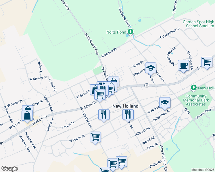 map of restaurants, bars, coffee shops, grocery stores, and more near 12 North Railroad Avenue in New Holland
