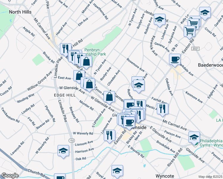 map of restaurants, bars, coffee shops, grocery stores, and more near 2415 Mount Carmel Avenue in Glenside