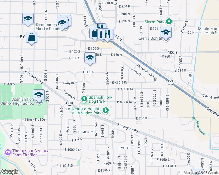 map of restaurants, bars, coffee shops, grocery stores, and more near 1413 East 500 South Street in Spanish Fork