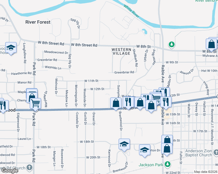 map of restaurants, bars, coffee shops, grocery stores, and more near 2800 West 12th Street in Anderson