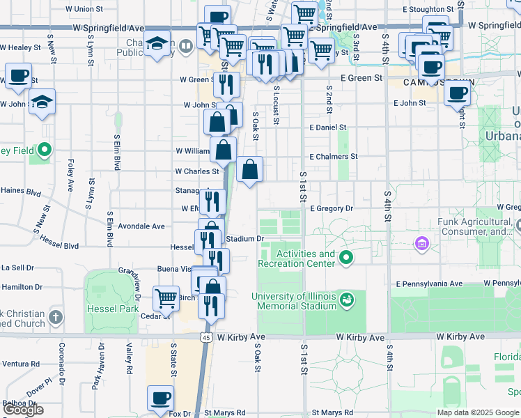 map of restaurants, bars, coffee shops, grocery stores, and more near East Gregory Drive in Champaign